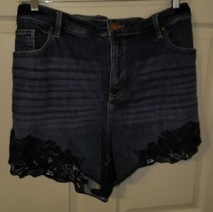 Dark Wash Denim Women’s Shorts with Navy Lace Trim